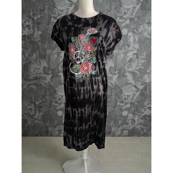 DISNEY Coco Gray Guitar Floral Tie Dye Midi Short Sleeve Dress Size Medium - Picture 4 of 10